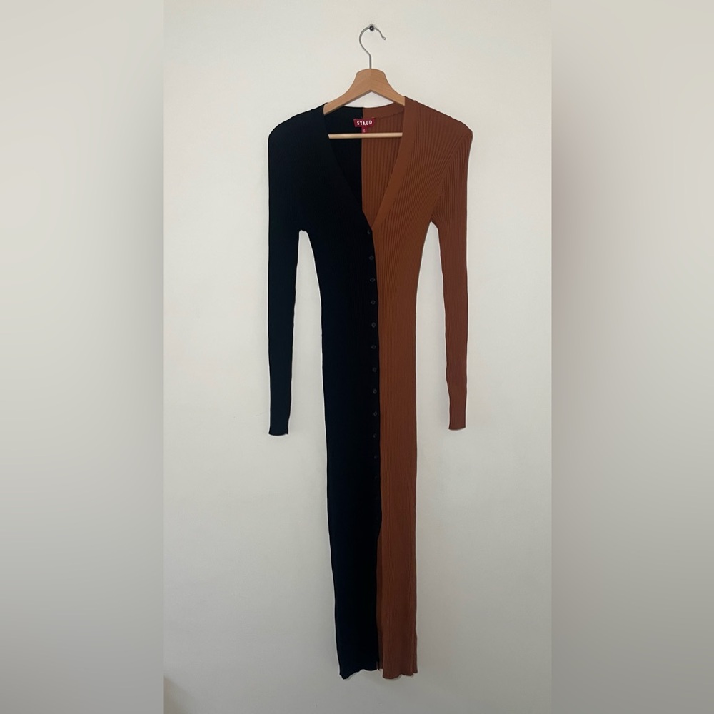 STAUD SHOKO COLORBLOCK RIB KNIT DRESS IN TAN AND BLACK SIZE S - Picture 7 of 8